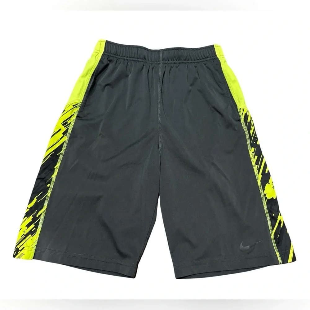 NIKE Dri Fit Boys Basketball Athletic Shorts Black Neon Green Size Large